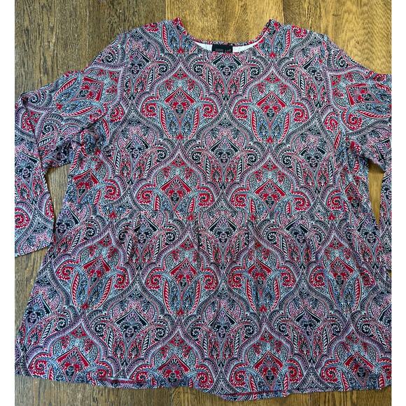 J Jill Wearever Collection Paisley Print Long Sleeve Peplum Top Red Black Sz 2X - Picture 1 of 10